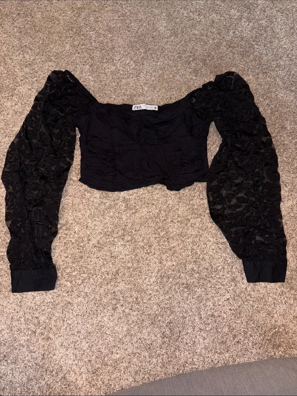 Zara Black Lace Puff-Sleeve Cropped Top